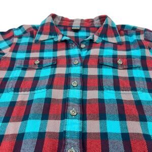 Patagonia Fjord Blue Plaid Long Sleeve Button Up Organic Flannel Shirt Womens 8